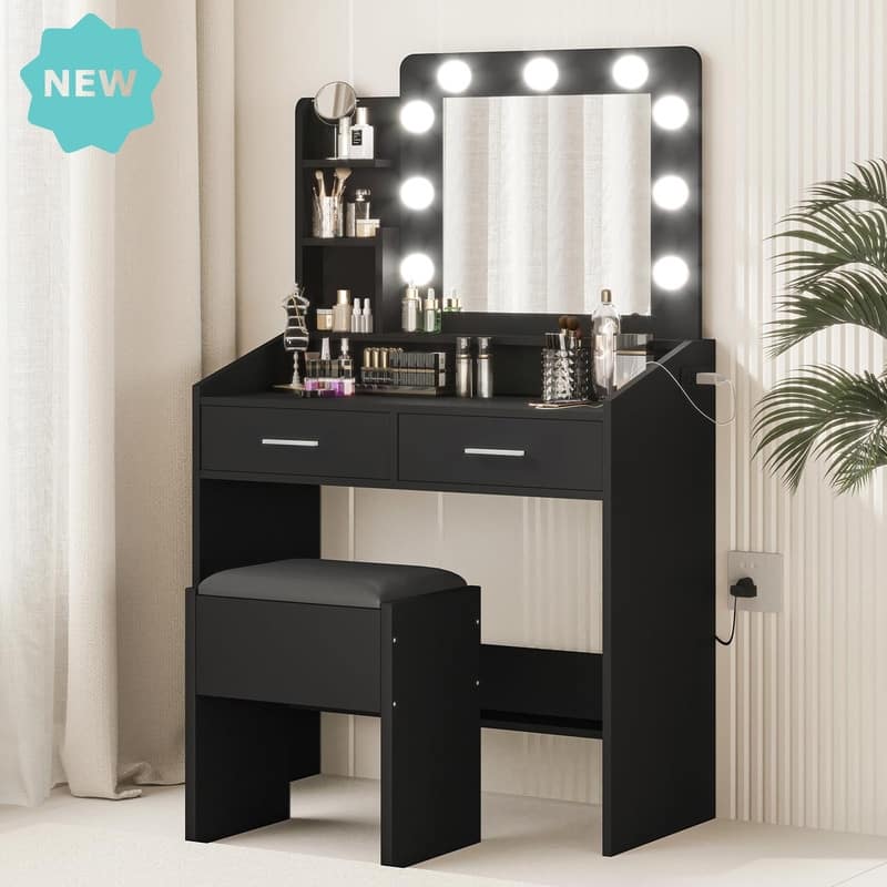 Makeup Vanity Desk with Mirror and Stool, Charging Station, 2 Drawers, 3 Shelves - Black