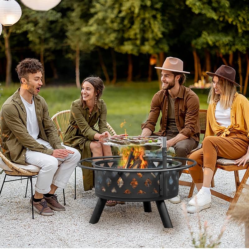 30"W x 20"H Round Iron Wood Burning Black Fire Pit Table with 16" Fire Poker