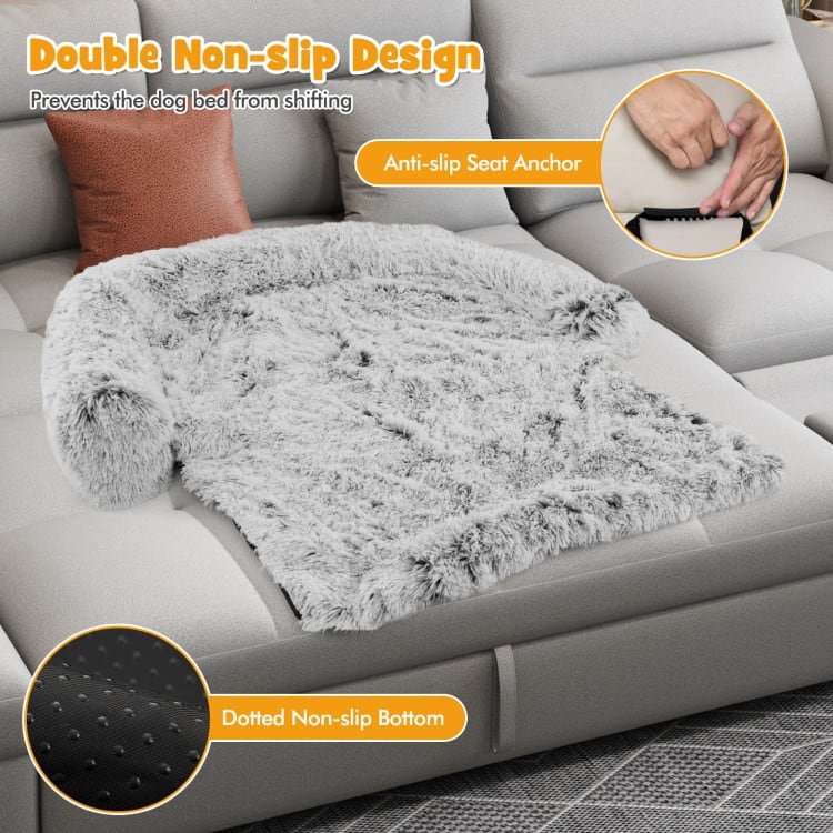 White-Grey Plush Calming Dog Couch Bed with Anti-Slip Bottom