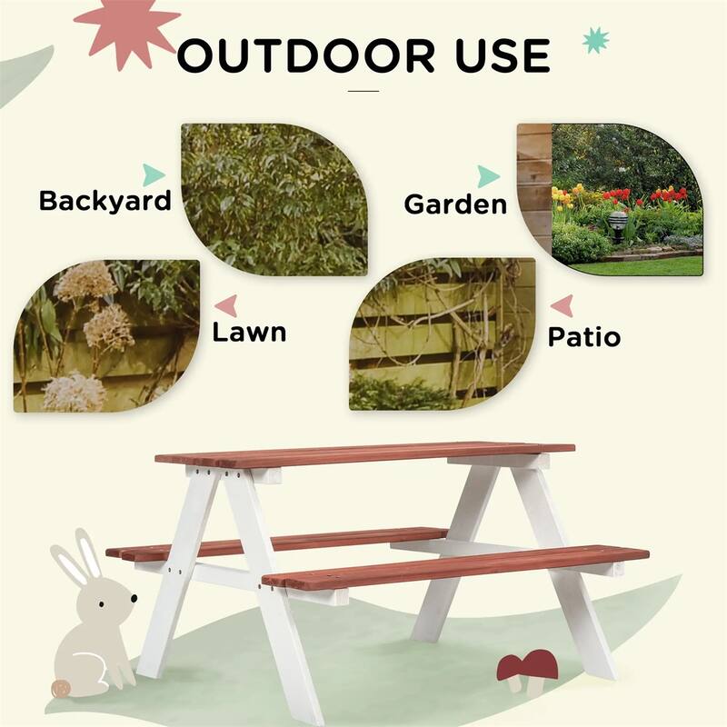 Kids Outdoor Picnic Table and Bench Set Fir Wood Pecan White Toddler Activity Furniture Ages 3-8 - 35" L x 31" W x 19.75" H