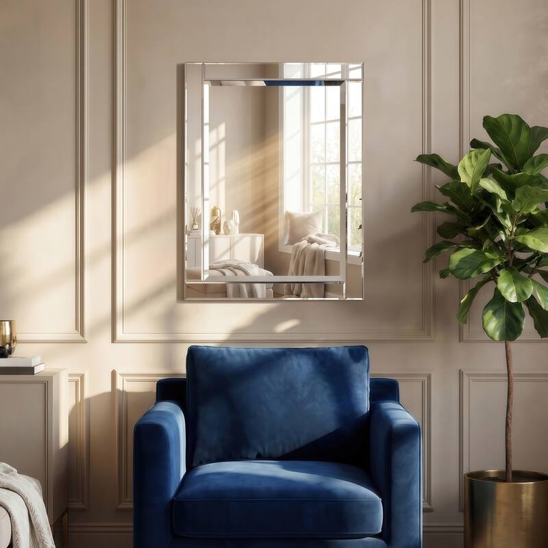 Beveled Rectangle 1"-Beveled Center Wall Mirror with Solid Wood Frame - Clear