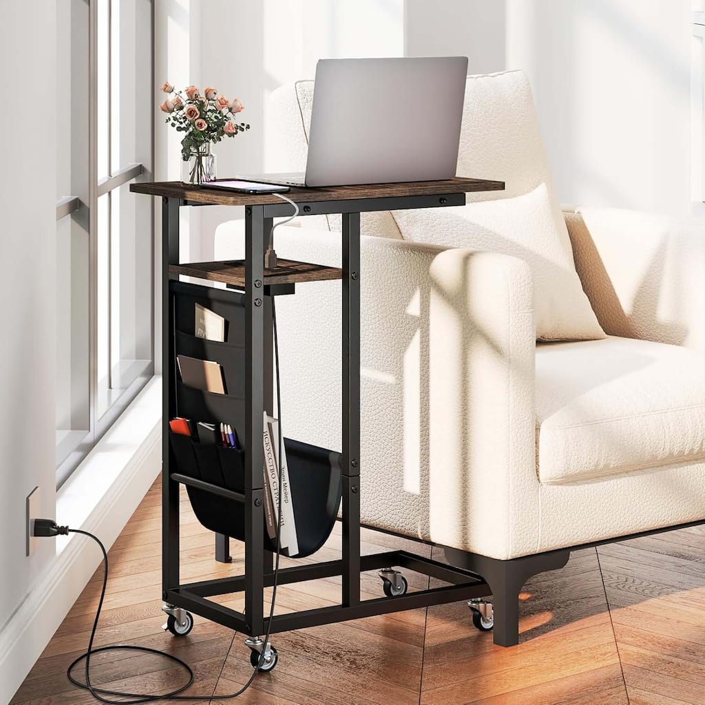 1/2 PCS Rolling C-Shaped End Table Sofa Side Table w/ Charging Station