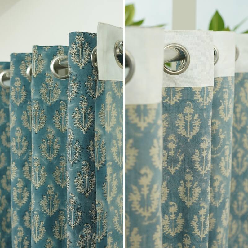 Fabdivine Handmade Soft Pure Linen Fabric Eyelet Curtain Block Print Floral Drape