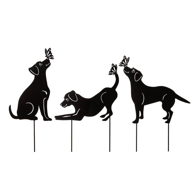 Glitzhome 2-in-1 Black Metal Cat Rabbit Duck Dog Silhouette Yard Stakes Wall Decor (Set of 3)