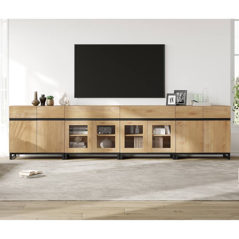 Modern TV Stand for 120" TVs, 4-in-1 Console with Glass Doors & 2 Drawers