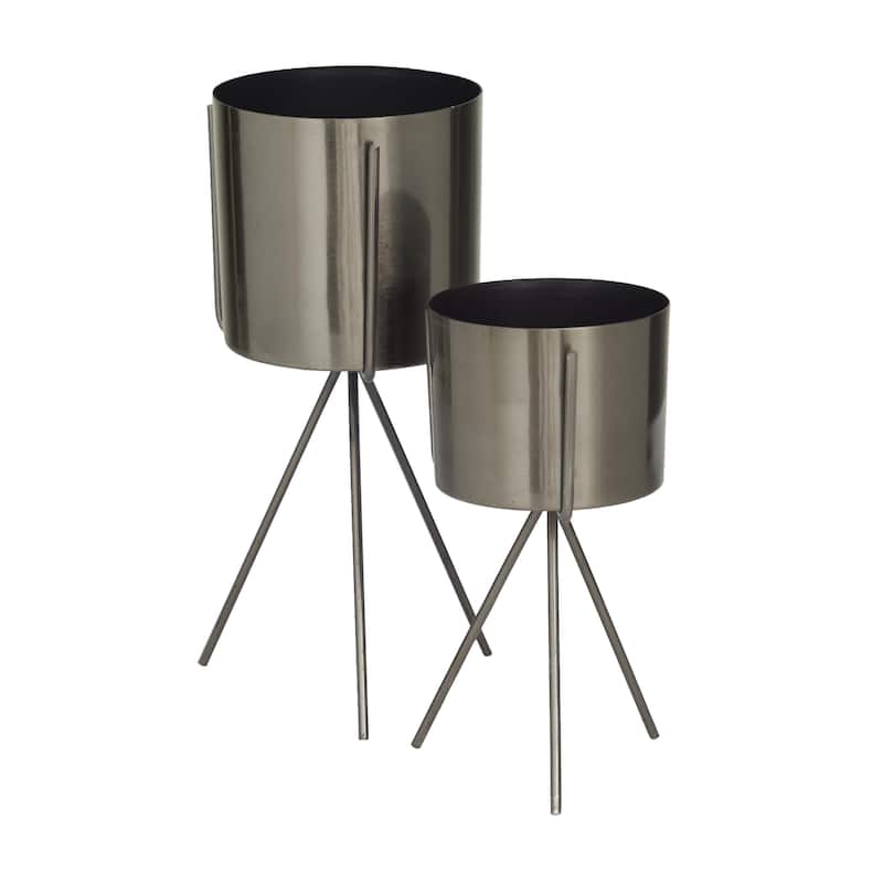 Metal Small Indoor Outdoor Planter with Removable Stand - Set of 2 Silver, Gold or Dark Gray - CosmoLiving by Cosmopolitan