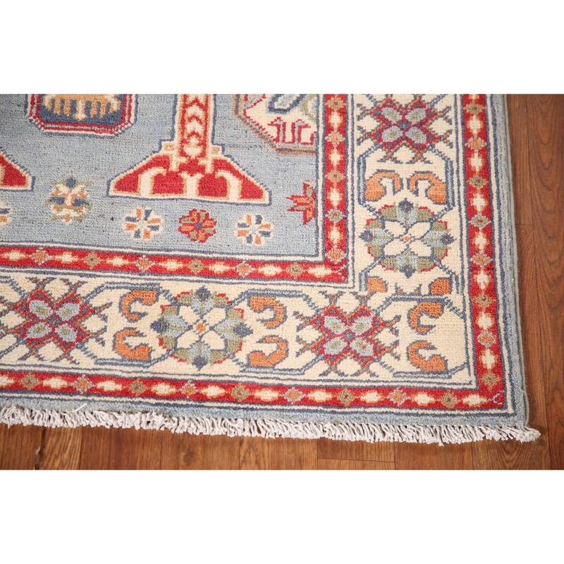 Light Blue Geometric Kazak Oriental Rug Handmade Wool Carpet - 3'2"x 4'8"