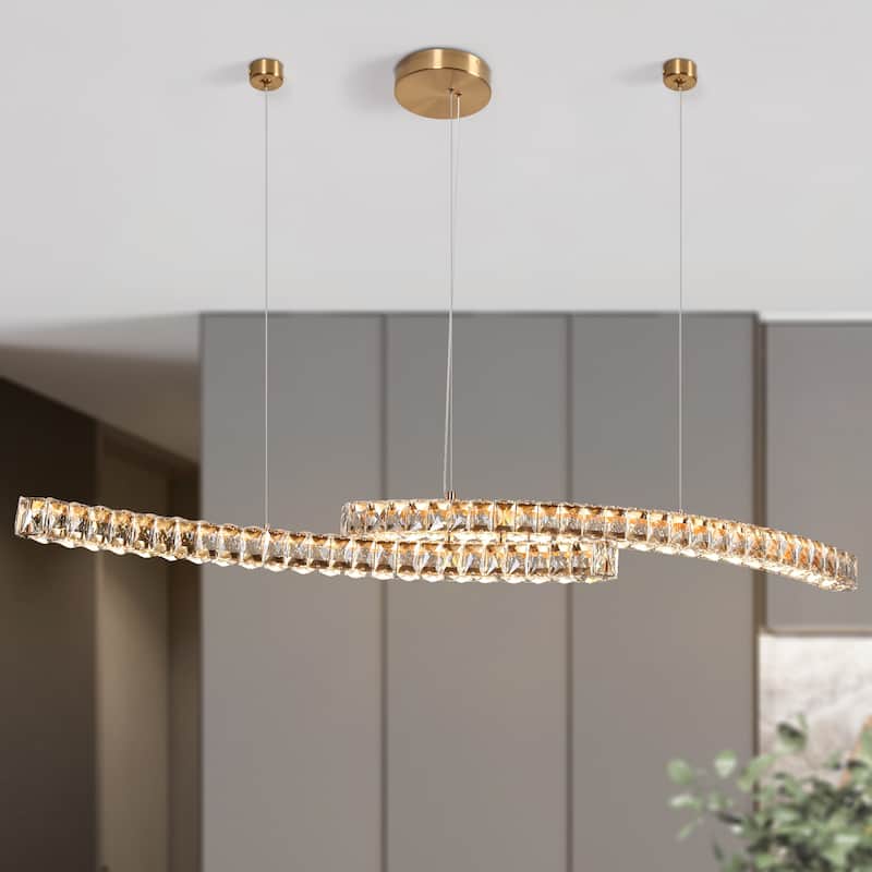 Modern 51.2 IN. Gold 2-Light LED Crystal Chandelier Oversized Kitchen Island Lights - 51.2" W x 5.5" H x 9.4" D