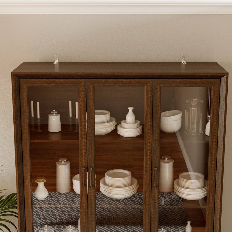 79.6"H Display Bookcase Pantry Cabinet Sideboard with Tempered Glass Doors White/Brown