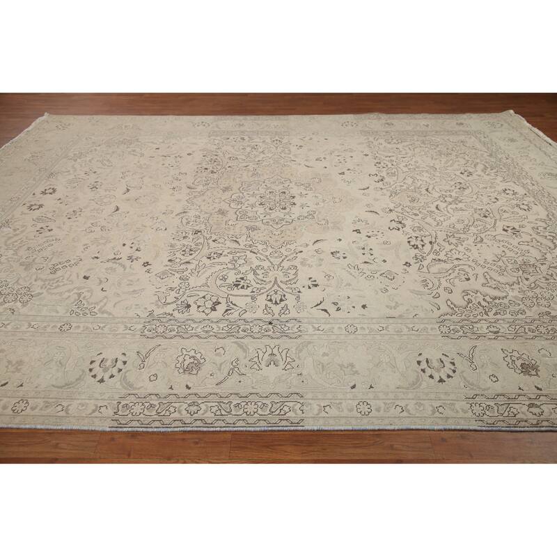Hand Knotted Oriental 100% Wool Carpet Traditional Floral Beige & Ivories Tabriz Area Rug - 12' 8'' X 9' 9''