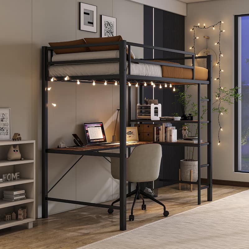 Twin Size Loft Bed LED Twin Metal Loft Bed Frame with L Shaped Desk, Shelves, Charging Station, Safety Guard and Ladder