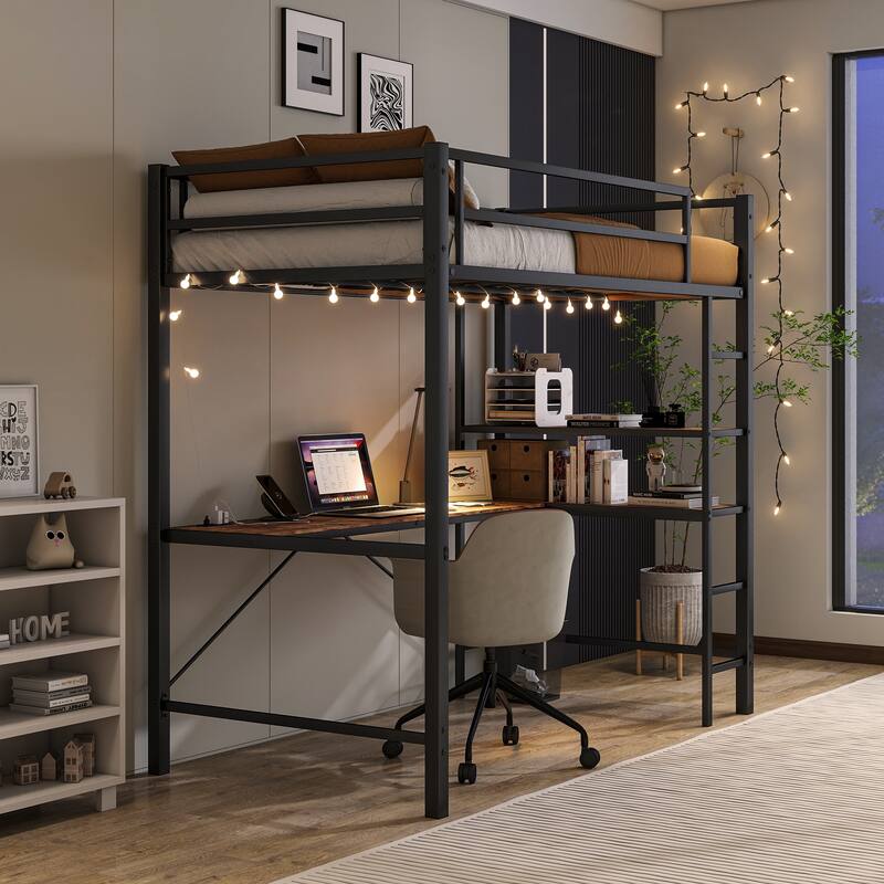 Twin size Metal Loft Bed with L-Shaped Desk, Charging Station, LED Lights, Safety Guardrails and Shelves