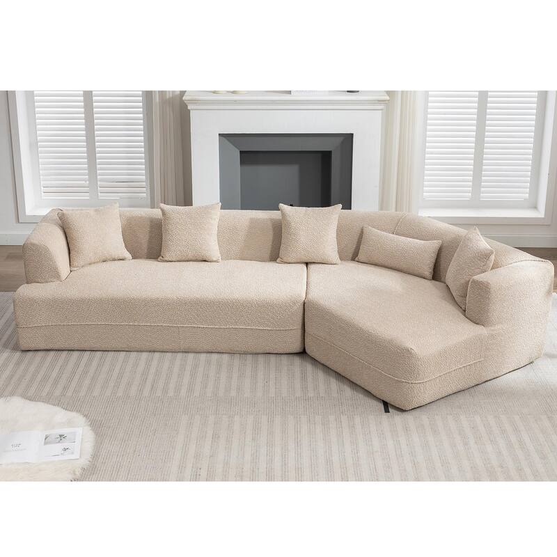 128" Modular Sectional Sofa for Living Room, Soft Boucle Lounge Sofa w/ Pillow, Modern Reversible Upholstered Couch - Light Brown