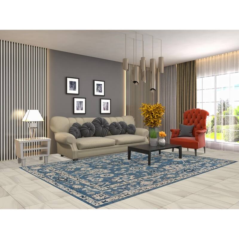 Hand Knotted Oriental 100% Wool Carpet Transitional All-Over Navy Blue & Blues Oushak Area Rug - 9' 4'' X 6' 4''