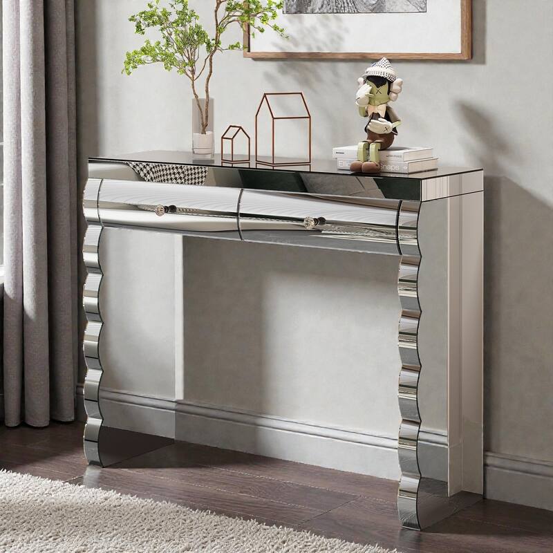 Silver Mirrored Console Table with Curved Mirror Front & 2 Drawers, Modern Dressing Table for Hallway & Living Room
