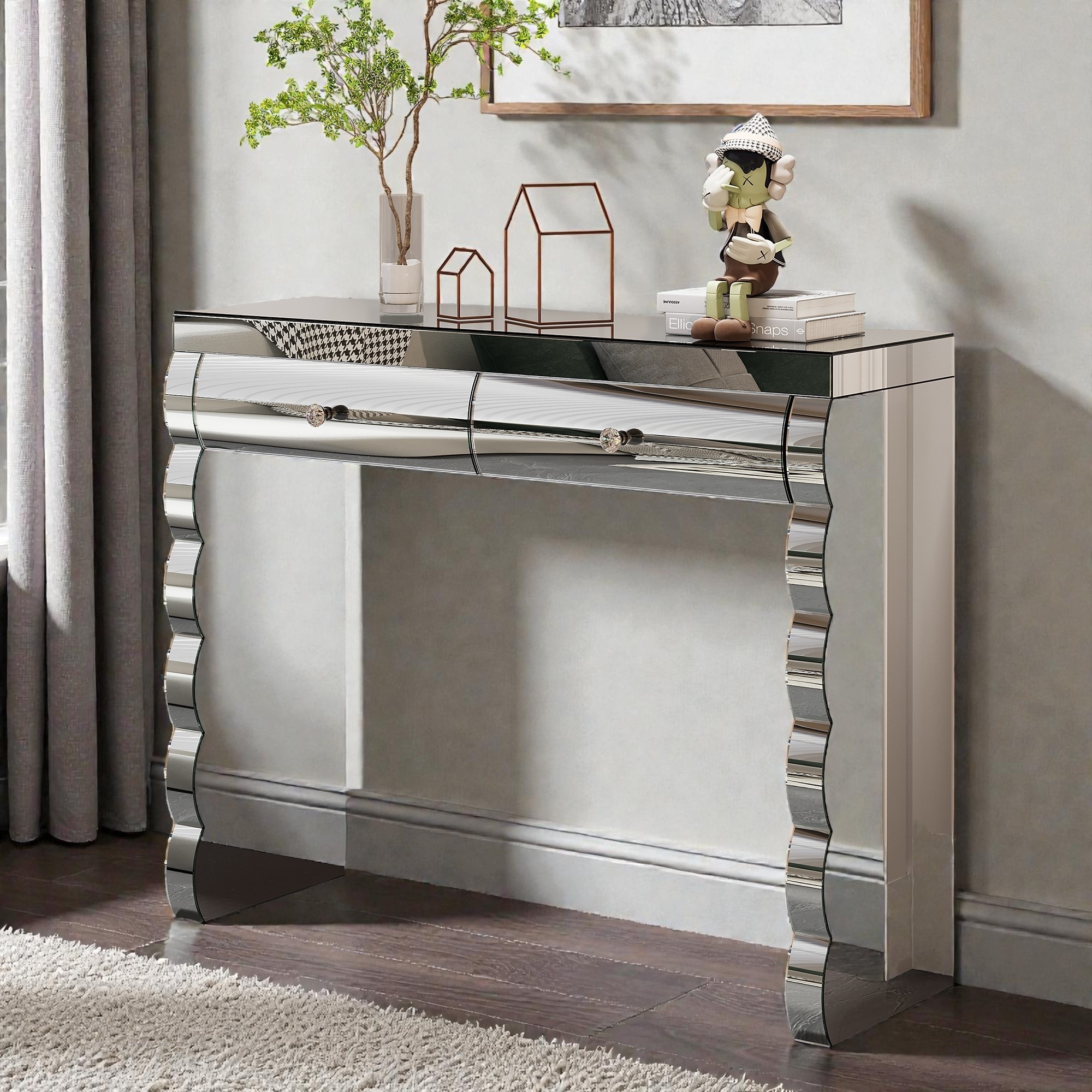 console table dressing Table, Small Console Tables for Entryway31" Vanity Desk Fluted Dresser Side Table, Brown Entry Narrow Console Table Modern Hallway Table Modern Sofa Table for Living Room : Home & Elegant Crescent Design Modern Console Table with 4