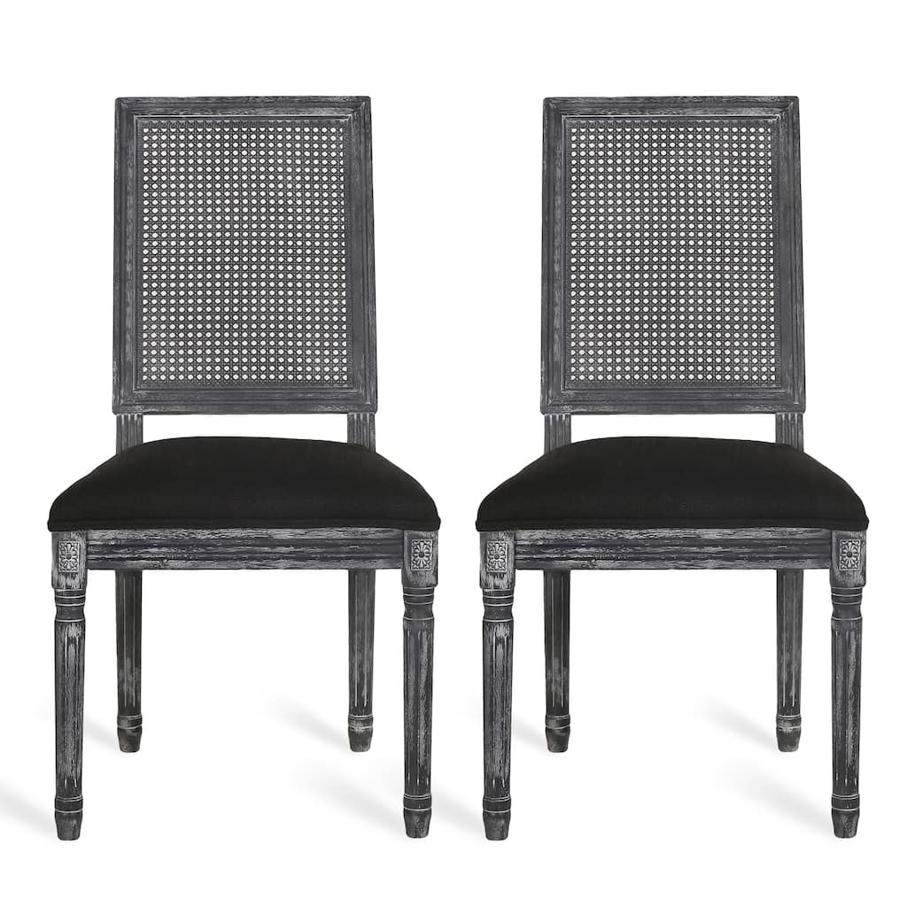 Marsie Dining Chair Set of 2, Black Fabric, Wood Frame Cane Backrest