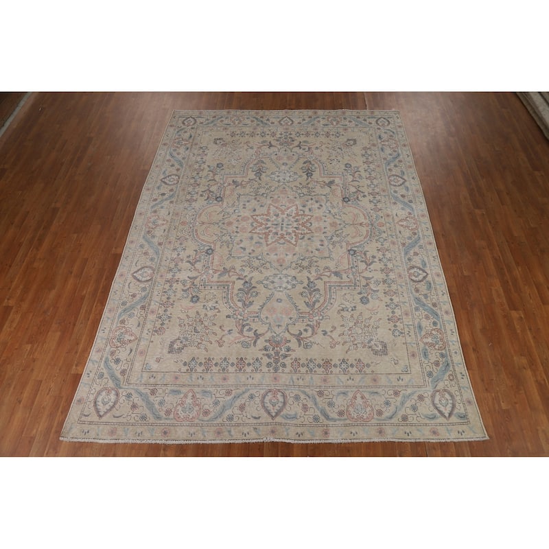 Tabriz Persian Area Rug Handmade Traditional Beige Floral Wool Carpet - 8'0"x 10'11"