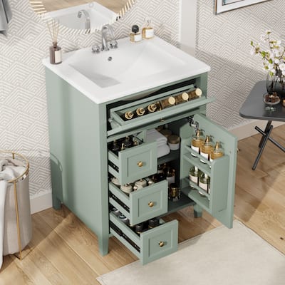 24" Bathroom Vanity with Sink, 3 Drawers & Storage Cabinet, Adjustable Shelves, MDF/Rubberwood