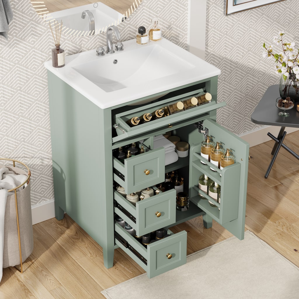 24" Bathroom Vanity with Sink, 3 Drawers & Storage Cabinet, Adjustable Shelves, MDF/Rubberwood