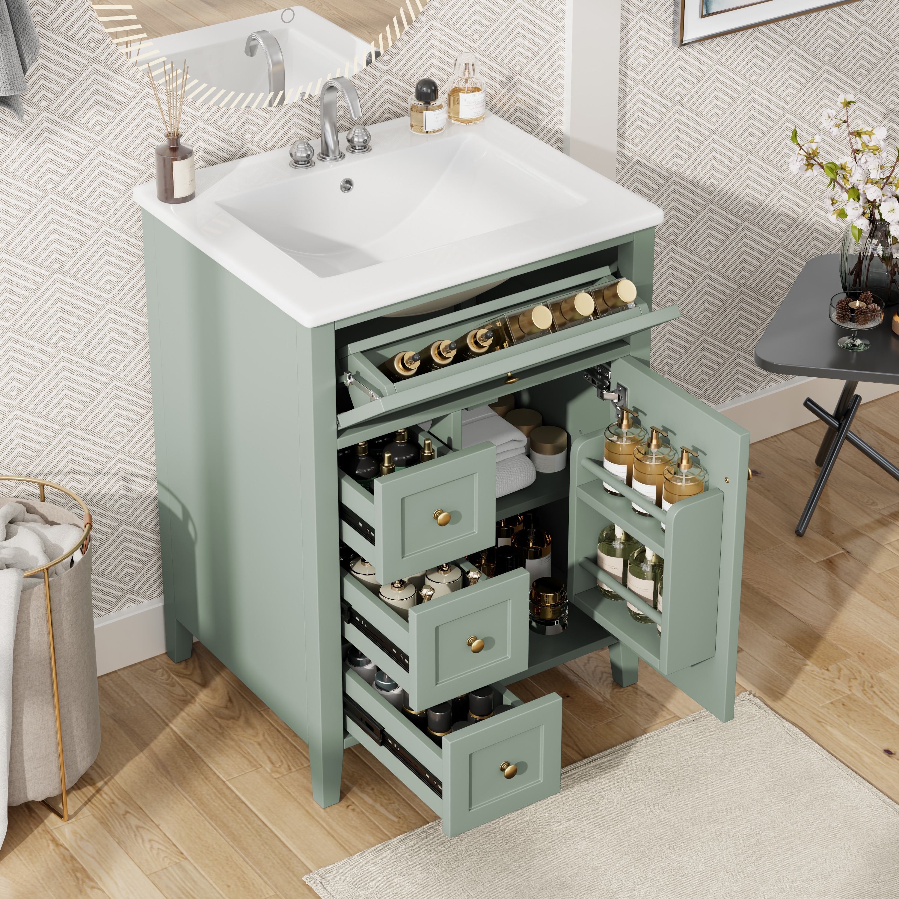 24" Bathroom Vanity with Sink, 3 Drawers & Storage Cabinet, Adjustable Shelves, MDF/Rubberwood