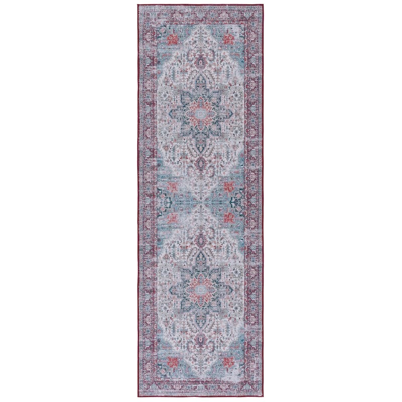 SAFAVIEH Tucson Machine Washable Slip Resistant Iris Oriental Medallion - 2' 6" x 8' - Ivory/Red - Runner