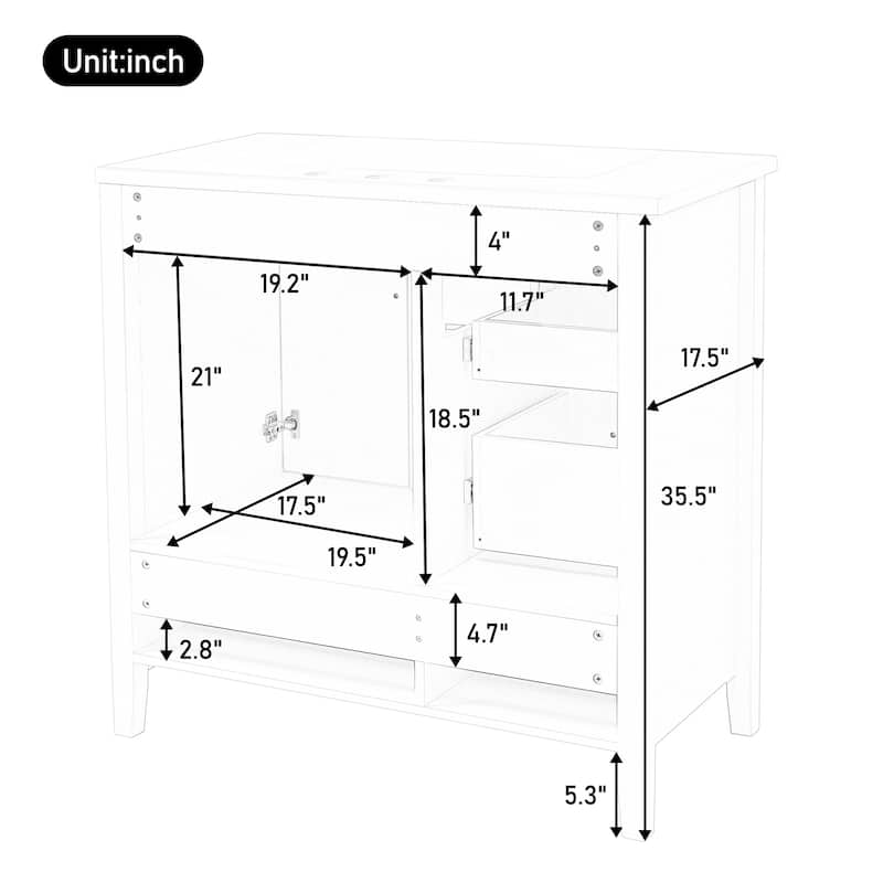 36" Modern Bathroom Vanity with Sink - 4 Soft-Close Drawers, Cabinet & Open Bottom Shelf