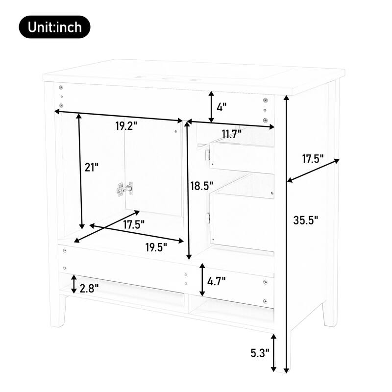 36 inch Bathroom Vanity with Sink, One Cabinet with Soft-closing Doors, 4 Soft-Closing Drawers, Metal Handles