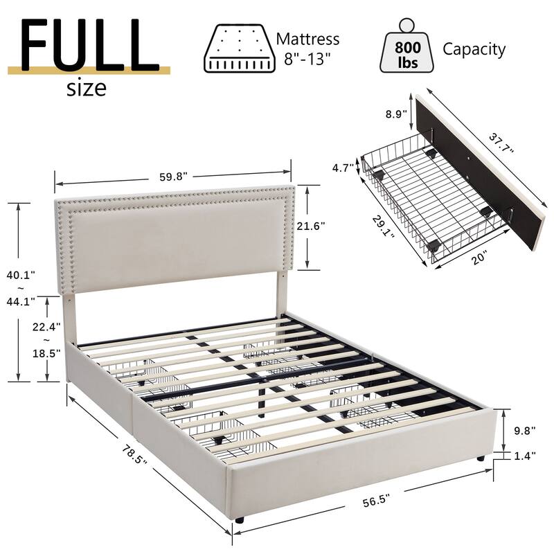 VECELO Upholstered Storage Bed Frames with 4 Storage Drawers, Platform Bed Frame with Adjustable Velvet Rivets Headboard