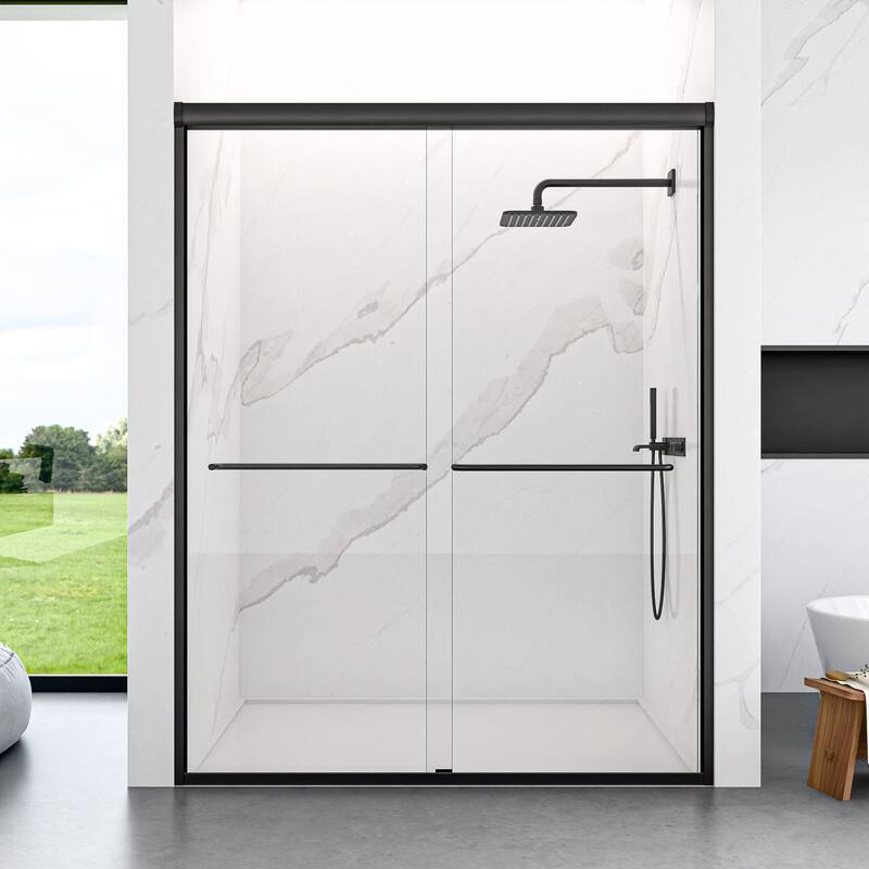 GDFStudio - Modern Semi-Frameless Double Sliding Shower Door with 1/4" SGCC Tempered Glass & Stainless Steel Handle