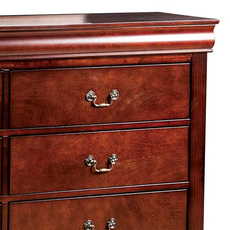 Ryla Wide Dresser, 6 Drawers, Bronze Metal Handles, Cherry Brown Solid Wood