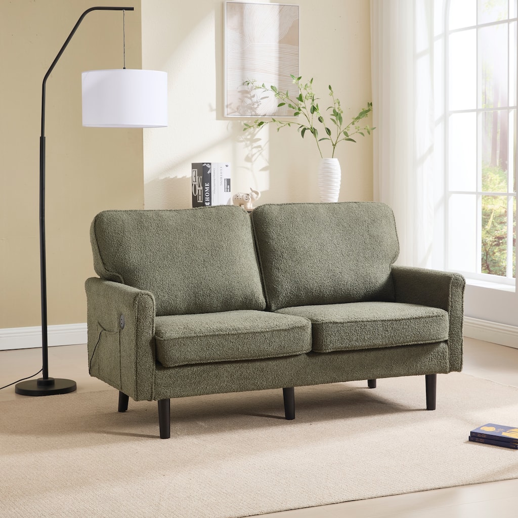 Loveseat Sofa Upholstered Deep Seat Sofa Modern Love Seat with USB & Removable Pillow Cover, Pockets 2-seat Armchair