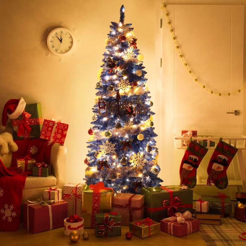 VEIKOUS Pre-Lit Artificial Christmas Tree Pencil Snow with Foldable Iron Stand with LED lights, 5.5/6.5/7.5 ft