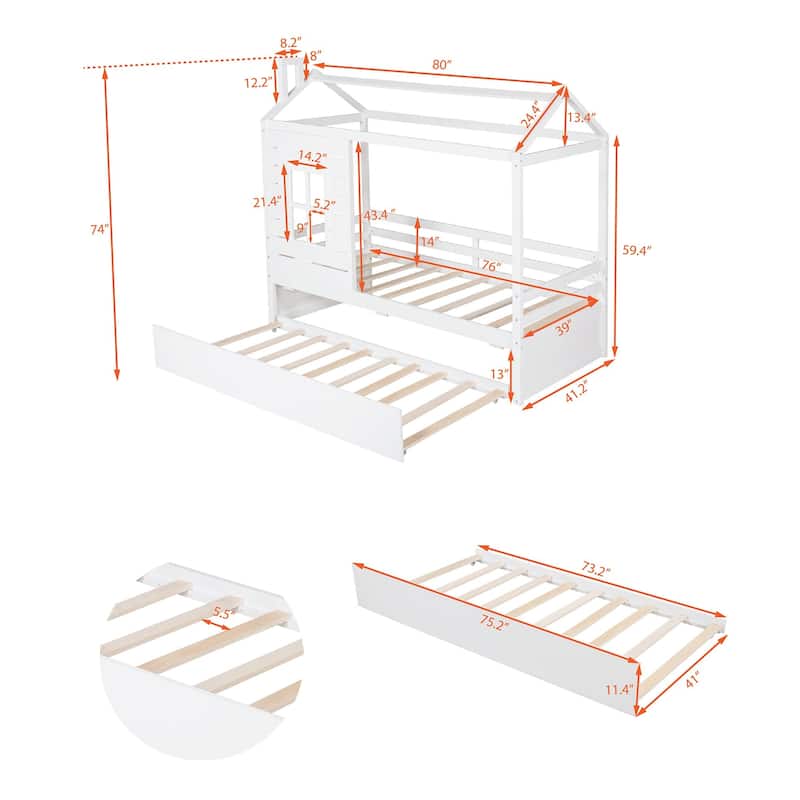 Twin Size House Bed Wood Bed with Twin Size Trundle ( Natural )