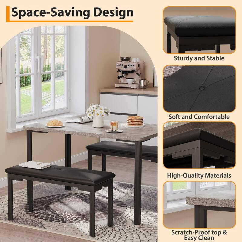 Dining Table Set for 4, Kitchen Table with 2 Benches with Metal Frame, Space-Saving