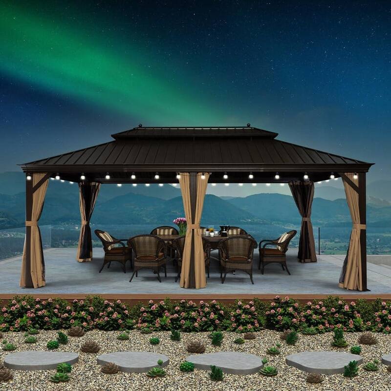 PURPLE LEAF Outdoor Gazebo Aluminum Frame Galvanized Steel Hardtop Gazebo - 12' x 20' (Hot Sale) - Beige With Light