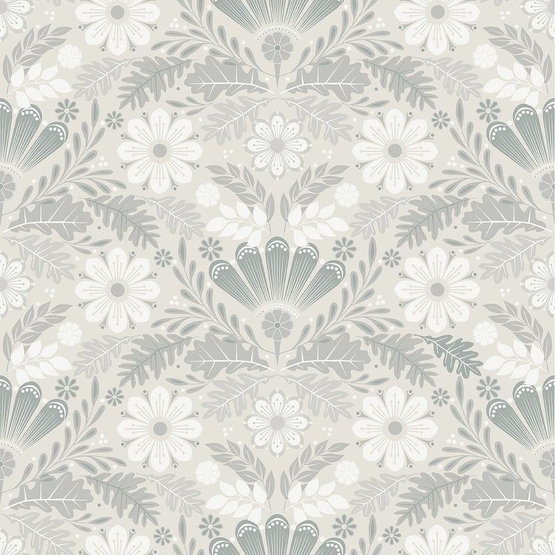 A-Street Prints Klockrike Light Grey Botanical Damask Wallpaper
