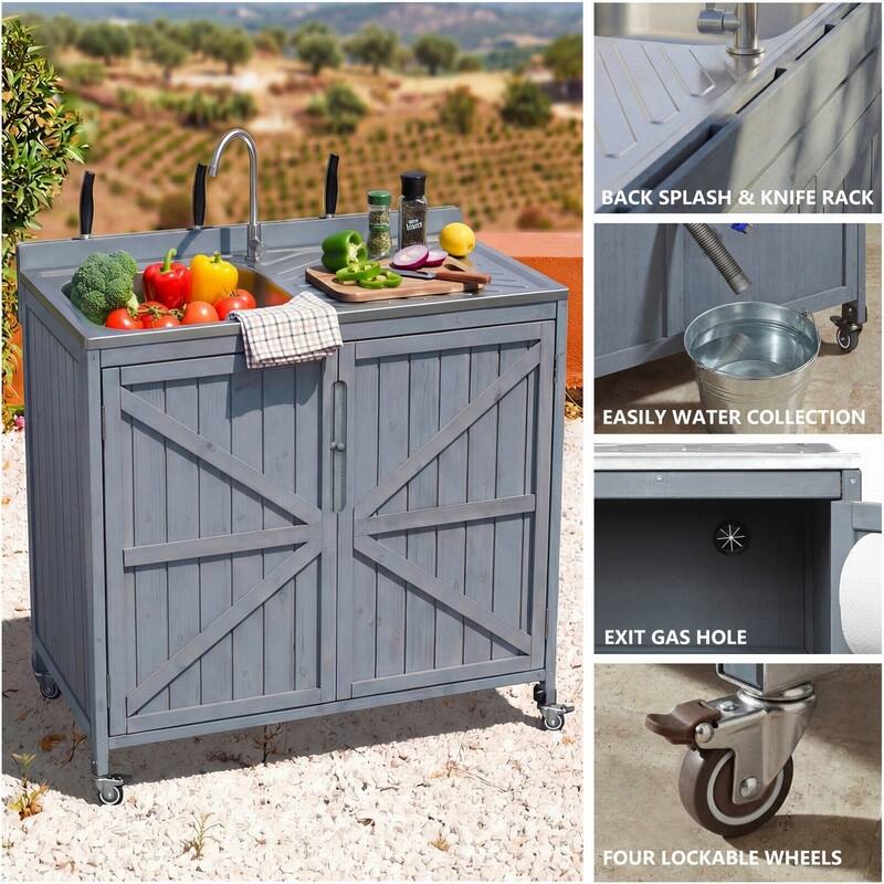 2-Piece Outdoor Kitchen Island Set with Stainless Steel Top and Sink, Drawer and Cabinets for Outdoor Storage w/ Wheels