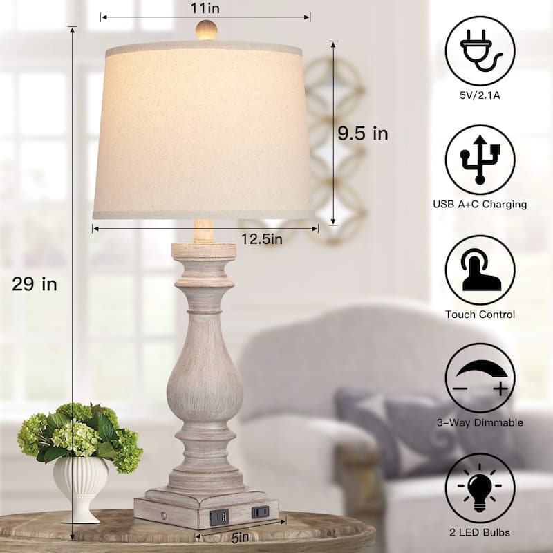 Table Lamps Resin Grey Vintage Oblique Shade USB Type-C Charging Ports (Set of 2) - 12.5'' x 12.5'' x 29'' (L x W x H)