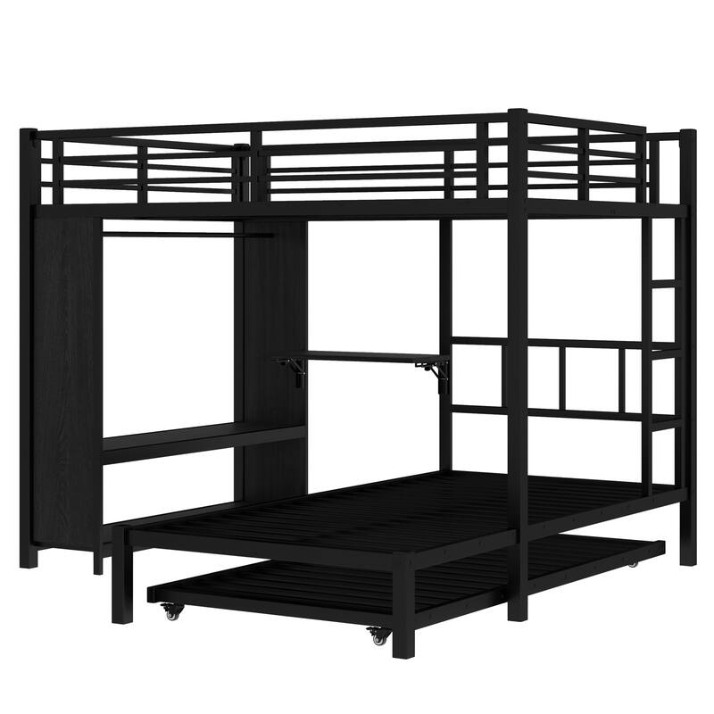 Full Over Twin Bunk Bed With Built-In Wardrobe,Metal Bunk Bed With Trundle,Foldable Desk, Ladders, Noise-Reduced Design,Black
