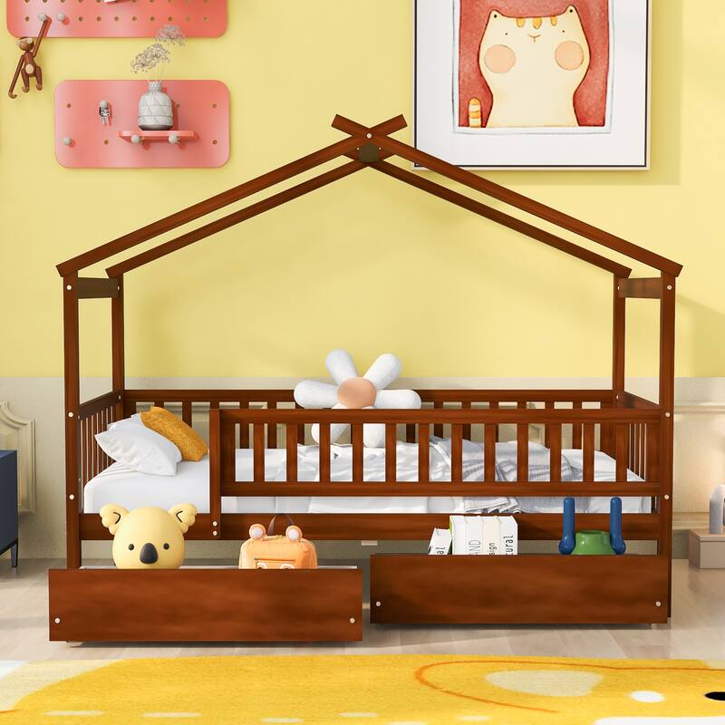 Playhouse Bed with Fence & Roof for Kids, Teens, Boys or Girls, Wooden Storage Bed Frame with Two Drawers, No Box Spring Needed
