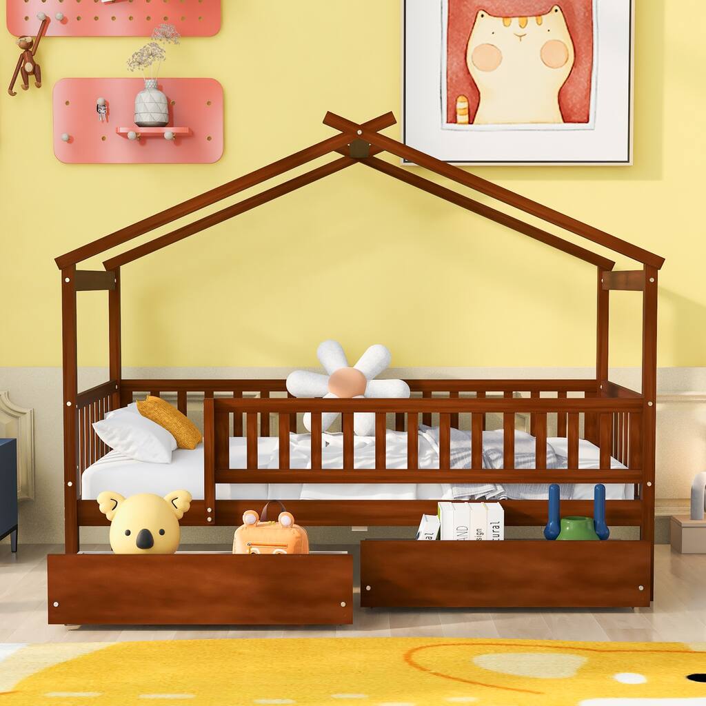 Twin Size House Bed with Two Drawers and Roof Design, Pine Wood Frame