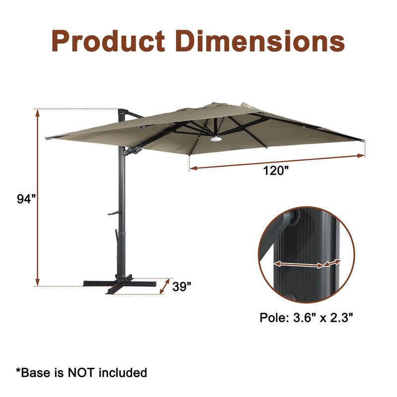 10FT Patio Square Cantilever Market Umbrella with Bluetooth Lights