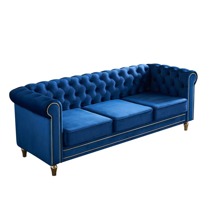 Velvet Chesterfield Sofa, 3-Seater with Rolled Arms, Tufted Back, Metal Legs for Living Room