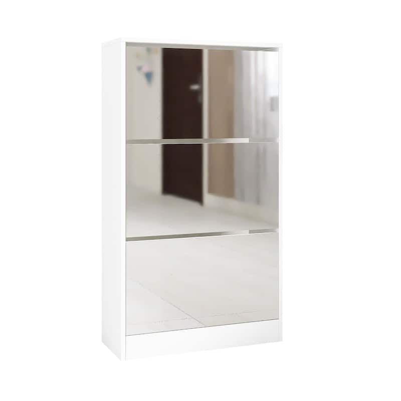 Narrow Shoe Storage Cabinet with Mirror - Matte White