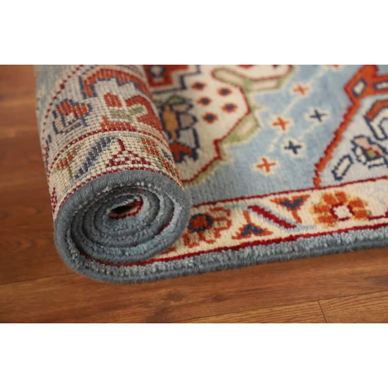 Light Blue Geometric Kazak Indian Runner Rug Hand-Knotted Wool Carpet - 2'7"x 7'10"
