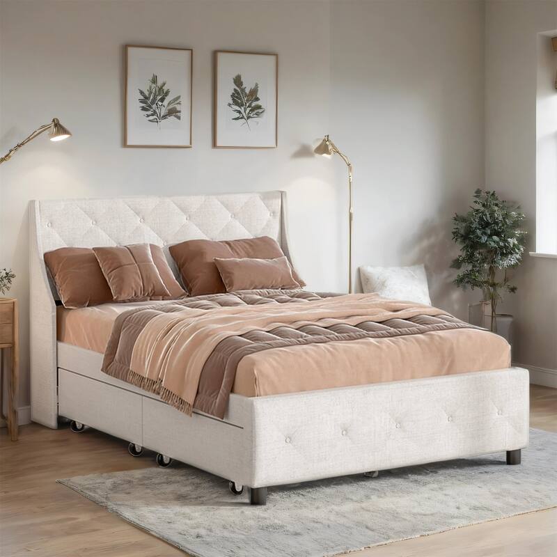 Metal Queen Storage Platform Bed Frame with Headboard, No Box Spring