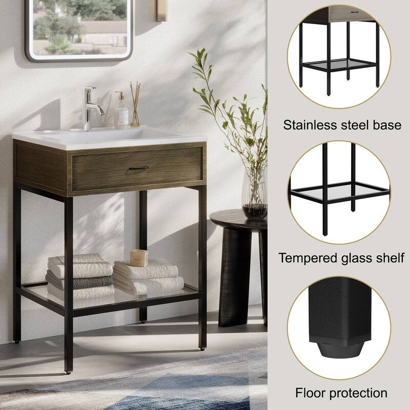 Ansel Freestanding Bathroom Vanity with Single Sink, One Glass Shelf, Metal Legs