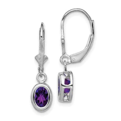 Curata 925 Sterling Silver Bezel 7x5mm Oval Amethyst Leverback Earrings 28x8mm