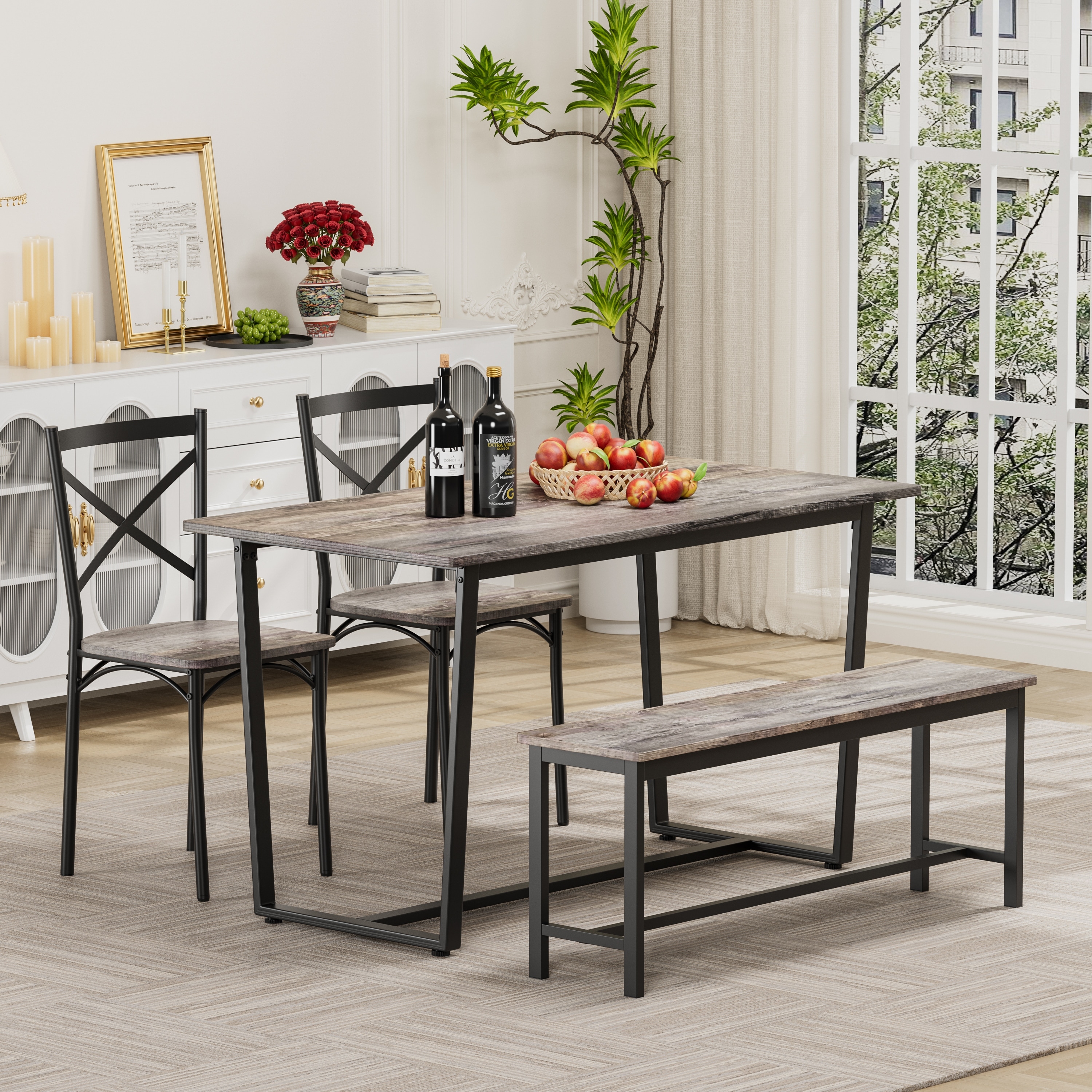5-Piece Industrial Dining Table Set with 4 Chairs and Bench, Curved X-Shape Steel Frame Chairs, Gray Dining Table